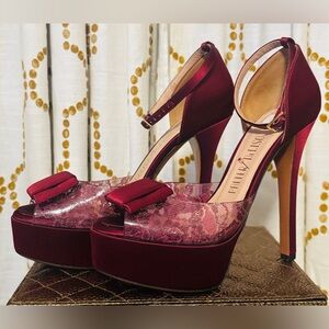 Palter Deliso  Burgundy Satin Heels with Bow Accent Women's Size 36/5.5 Italy